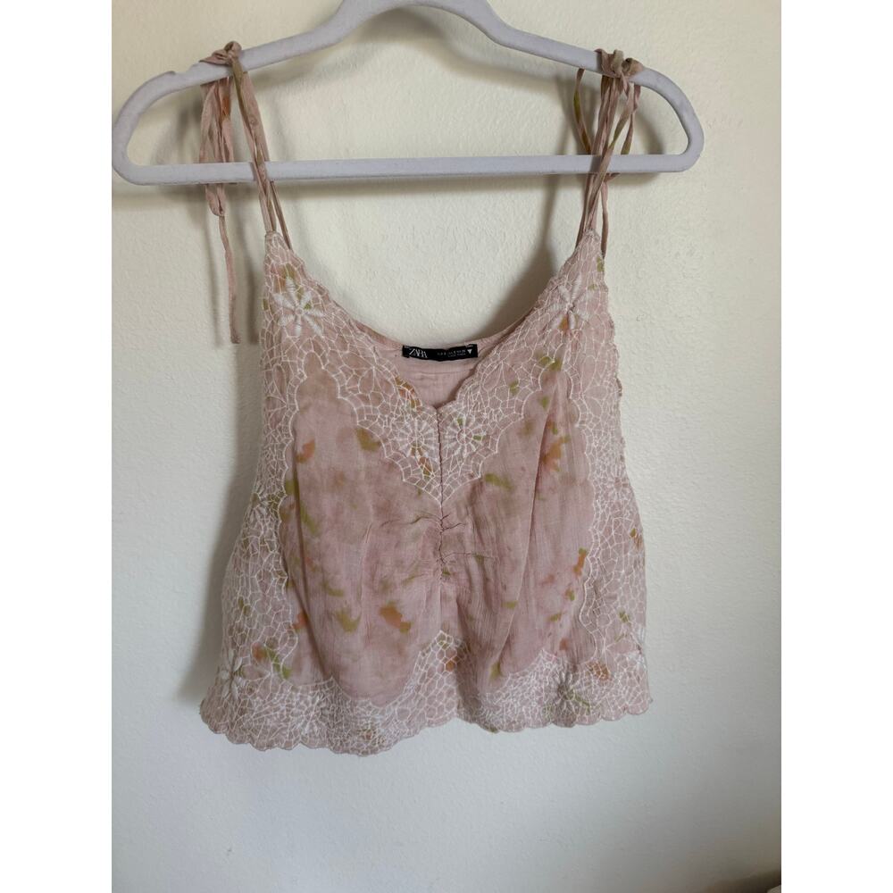 Zara Embroirdered Tie Dye Crop With Tie Straps Floral Pink Size Small